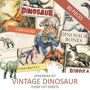 Watercolor Vintage Dinosaur Ephemera Kit, Antique Fossil, Jurassic Period Fussy Cut, Junk Journal Supplies, Collage, Dinosaur Era, Download