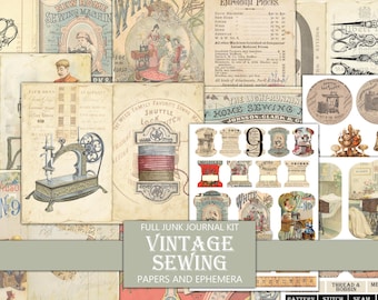 May include: A collage of vintage sewing-themed ephemera, including illustrations of sewing machines, spools of thread, scissors, and advertisements. The text "Vintage Sewing Papers and Ephemera" is displayed in the center.
