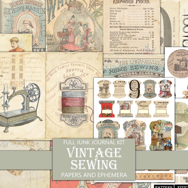 Vintage Sewing, Junk Journal Kit, Antique Scrapbook Pages, Seamstress, Ephemera, Fussy Cut, Embellishment, Instant Download