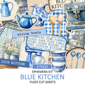 Kit de utensílios de cozinha vintage azul, utensílios de cozinha antigos, corte sofisticado para assar, suprimentos para diário, colagem, culinária, download instantâneo