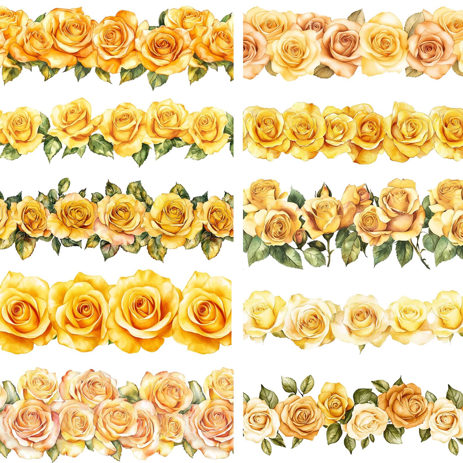 Soft Yellow Roses Border Yellow Roses Border Clipart: Seamless Floral Design (digital Download ...