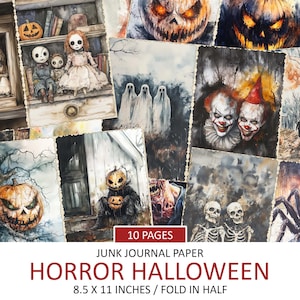 Printable Junk Journal Papers, Vintage Horror Halloween, Signature Sheets, Spooky Clown, Creepy Doll, Scrapbook Background, Instant Download