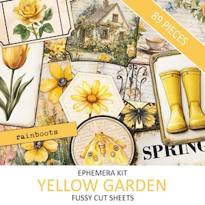 Vintage Gelbe Garten Ephemera Kit, antike Blume, Frühling Natur Pingelig Schnitt, Junk Journal Zubehör, Collage, Gartenarbeit, sofort Download