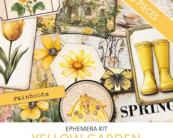 Vintage Yellow Garden Ephemera Kit: Junk Journaling, Collage (Digital Download)
