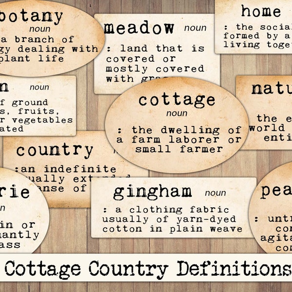Cottage Country Definitions, Cottagecore Words, Printable Junk Journal Ephemera, Shabby Chic Scraps, Vintage, Fussy Cut, Dictionary Word