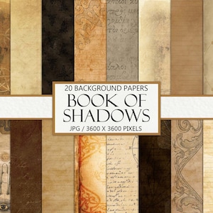 May include: 20 digital paper backgrounds in a collage. The papers are textured and feature various designs, including a pentagram, a key, an eye, and handwritten text. The text reads "20 BACKGROUND PAPERS BOOK OF SHADOWS JPG / 3600 X 3600 PIXELS".