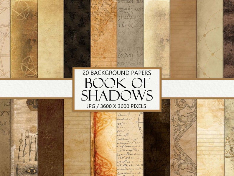 May include: 20 digital paper backgrounds in a collage. The papers are textured and feature various designs, including a pentagram, a key, an eye, and handwritten text. The text reads "20 BACKGROUND PAPERS BOOK OF SHADOWS JPG / 3600 X 3600 PIXELS".