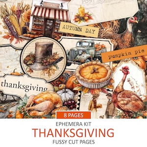Zestaw akwareli Vintage Thanksgiving Ephemera, antyczne jesienne święto, jesienne cięcie Fussy, artykuły do dziennika śmieci, kolaż, listopad Pobierz