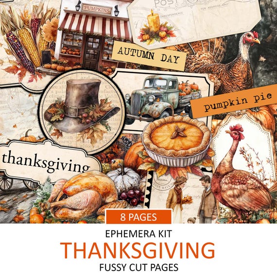 Watercolor Thanksgiving Ephemera Kit: Vintage Autumn Collage (Digital Download)
