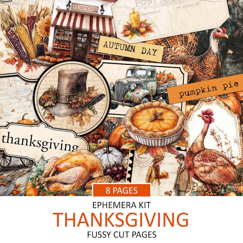 May include: A digital paper pack with 8 pages of Thanksgiving themed illustrations. The illustrations include a turkey, pumpkin pie, a truck full of pumpkins, a hat with fall leaves, and a sign that says "thanksgiving".