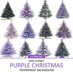 May include: A set of 14 digital images featuring watercolor illustrations of purple Christmas trees with various ornaments and decorations. The trees are isolated on a transparent background.