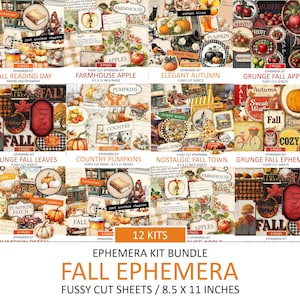 Könnte beinhalten: Eine Collage von 12 herbstlichen Ephemera-Kits mit filigran ausgeschnittenen Blättern. Die Kits zeigen verschiedene Designs, darunter Kürbisse, Äpfel und Herbstlaub. Jedes Kit ist 21,59 x 27,94 cm groß und enthält Titel wie "Farmhouse Apple" und "Grunge Fall Leaves".