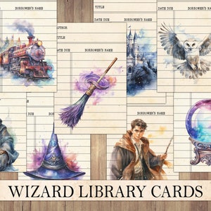Tarjetas de biblioteca de la escuela de magos vintage para imprimir, recortes elegantes, paquete de efímeras, suministros para diarios basura, recortes de diario, álbum de recortes mágico, collage