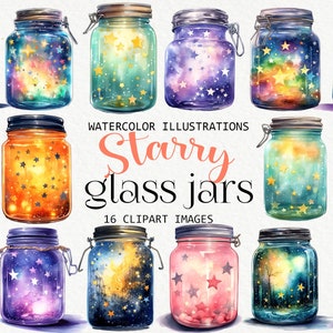 Watercolor Galaxy Star Jars Clipart: Magic Painting Images (Digital Download)