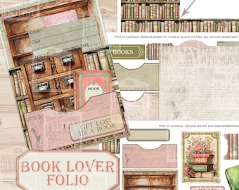 May include: A vintage-style paper craft kit for a book lover's folio. The kit includes a decorative pocket with the text "Get Lost in a Book", a book-themed pocket, and a library card pocket. The color palette includes pink, brown, and green.