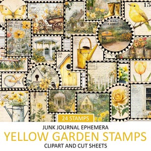 Sellos imprimibles de jardín amarillo, efímera vintage, cortes precisos, hoja de pegatinas, suministros para diarios basura, imágenes prediseñadas de sellos, álbum de recortes digital, collage