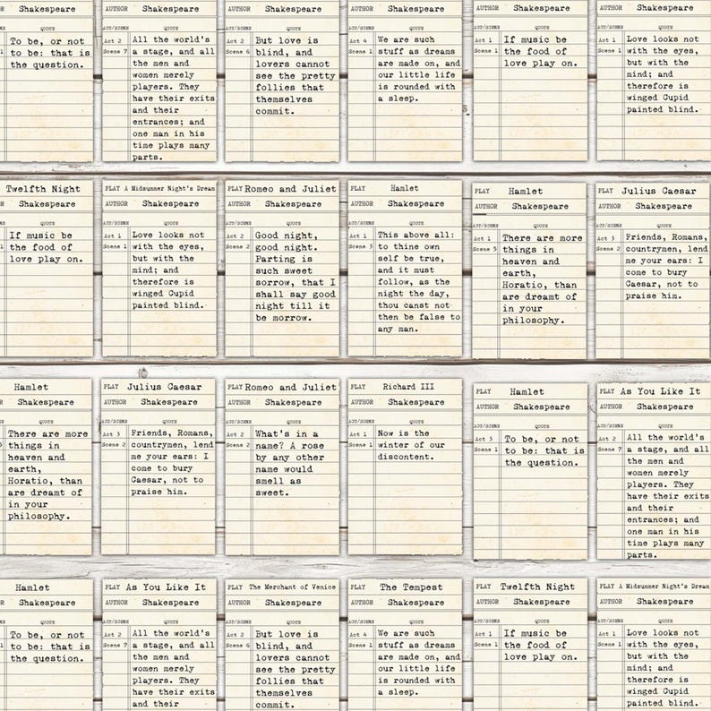 Shakespeare Library Card Vintage Shakespeare Quotes Library Cards, Junk Journal Ephemera ...