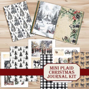 Pode incluir: Um Mini Plaid Christmas Journal Kit com vários elementos. Inclui um diário, papéis estampados, postais, etiquetas e elementos decorativos. O diário apresenta cenas de inverno e padrões xadrez. O kit tem uma estética rústica e vintage.
