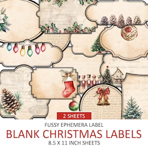 Etiquetas de Natal, Etiqueta Vintage em Branco, Junk Journal Ephemera, Feriado Antigo, Corte Antigo e Exigente, Página de Adesivos de Inverno, Download para Imprimir