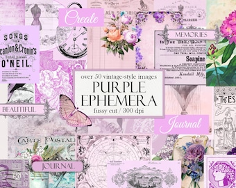 Vintage Purple Ephemera Kit: Junk Journal Collage Supplies (Digital Download)