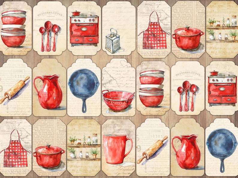 Kitchen Tags Vintage Red Kitchenware Tags: Junk Journal Ephemera (instant Download ...