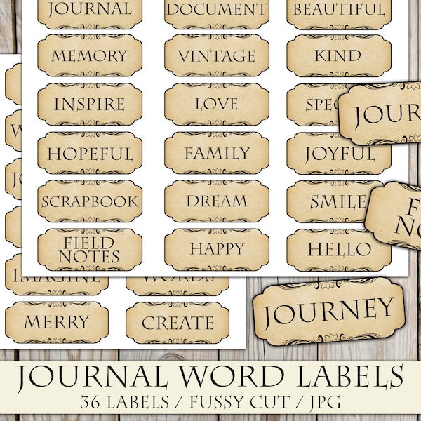 Printable Journal Word Labels, Word Scraps, Junk Journal Ephemera, Craft Kit, Vintage, Classy Label, Fussy Cut, Tan Divider Labels