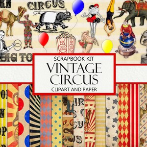 kit de scrapbooking cirque vintage, Junk Journal, vintage, éphémères, carnaval, kit de créations créatives en papier, papier de fond, clipart, téléchargement numérique