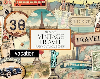 Printable Ephemera Kit, Vintage Travel, Fussy Cut, Junk Journal Supplies, Collage, Antique Vacation, Trip, World, Visit, Commercial Use