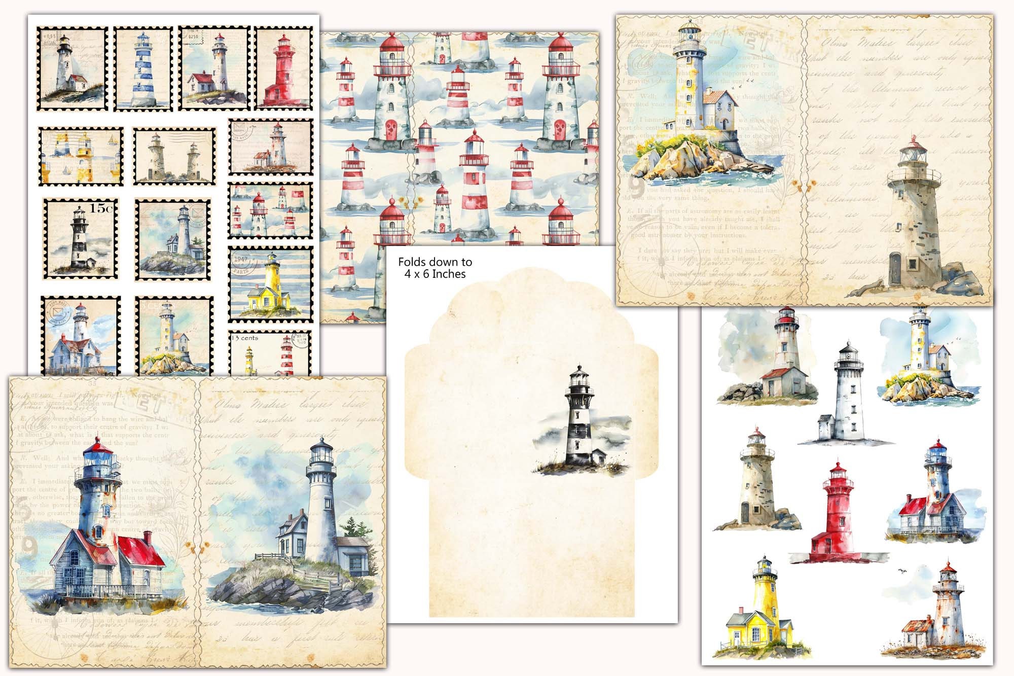 Watercolor Lighthouse Junk Journal Kit: Vintage Beach Ephemera (digital ...