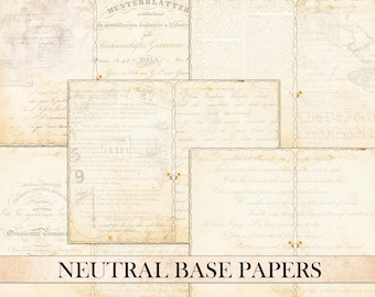 May include: A set of six neutral-colored digital paper backgrounds with a vintage aesthetic. The papers feature faded text and imagery, giving them a distressed look.  The papers are perfect for scrapbooking, card making, and other paper crafts.