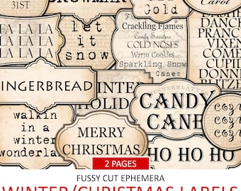 Recortes de palabras navideños de invierno: Etiquetas efímeras vintage (Descarga digital)
