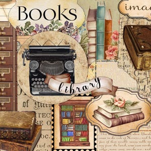 Kit di effimeri stampabili per amanti dei libri, tema libri vintage, taglio preciso, materiali per diari spazzatura, collage, estetica libresca, uso commerciale