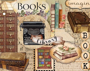 Printable Book Lover Ephemera Kit, Vintage Book Theme, Fussy Cut, Junk Journal Supplies, Collage, Bookish Aesthetic, Commercial Use