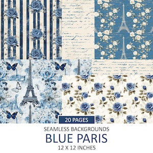 Vintage blauw Parijs, naadloos noodlijdende Eiffeltoren achtergronden, behangontwerpen, plakboek, junkjournaal, herhalend patroon, download