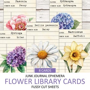 Cartões de biblioteca floral vintage para impressão, corte sofisticado, pacote de itens efêmeros, suprimentos para diário de viagem, sobras de jardim de flores, download instantâneo