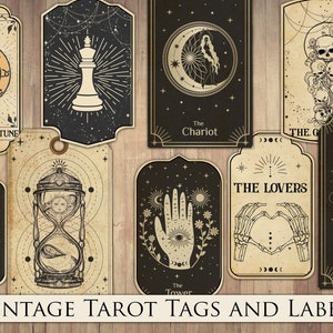 Etiquetas y etiquetas de cartas de tarot vintage, efímera de diario basura, restos de Wicca, tarjetas de diario, adorno de álbum de recortes, corte quisquilloso, descarga instantánea