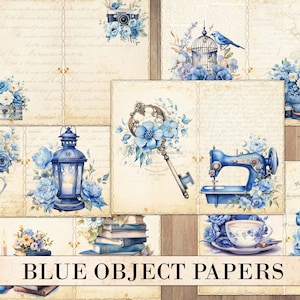Printable Junk Journal Papers, Vintage Blue Objects, Signature Sheets, Collage, Scrapbook Background, Ephemera, Antique, Instant Download