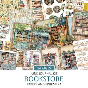 GROTE boekenwinkel junk journal kit, vintage stijlpagina's, kortstondige, kieskeurige snit, boekenliefhebber plakboekversiering, leesbare afdrukbare ambacht