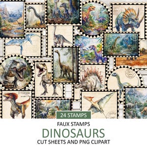 Watercolor Dinosaur Stamps, Vintage Ephemera, Fussy Cut, Sticker Sheet, Junk Journal Supplies, Jurassic Period Clipart, Instant Download