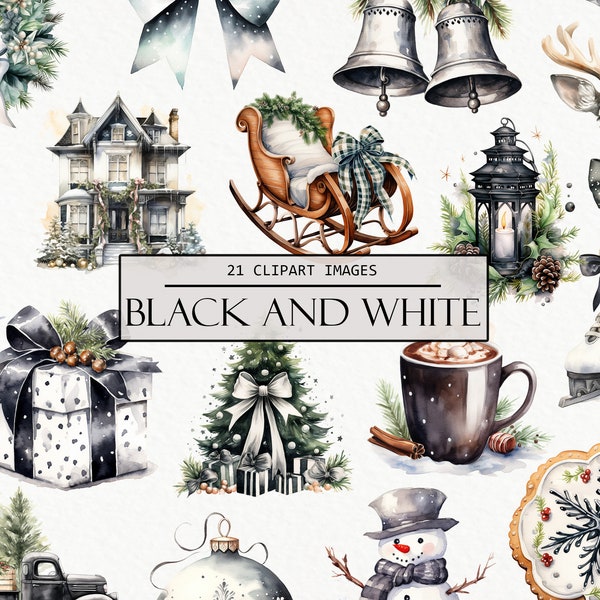 Watercolor Christmas Clipart, Black and White Images, Sticker and Planner Clip Art, Sublimation Images, Elegant Winter, Commercial Use