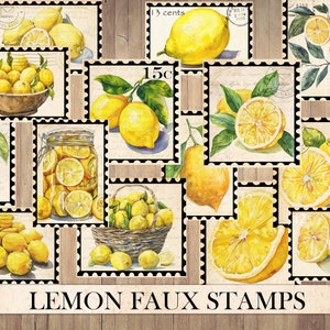 Znaczki Vintage Summer Lemons, antyczne efemerydy, wycinanie precyzyjne, arkusz naklejek, artykuły do dziennika śmieci, żółte skrawki owoców, natychmiastowe pobieranie