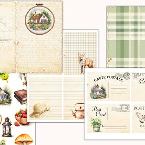 May include: A set of printable digital papers featuring a cottagecore theme. The papers include a variety of designs, such as a cottage with a garden, a fox, a teapot, a mushroom, a butterfly, and a lantern. The papers are perfect for scrapbooking, card making, and other crafting projects.