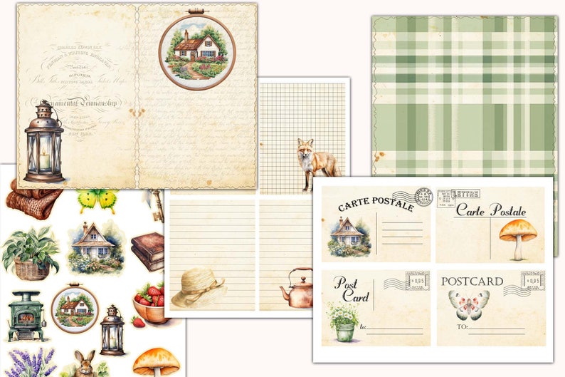 May include: A set of printable digital papers featuring a cottagecore theme. The papers include a variety of designs, such as a cottage with a garden, a fox, a teapot, a mushroom, a butterfly, and a lantern. The papers are perfect for scrapbooking, card making, and other crafting projects.