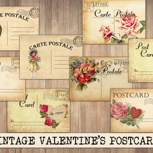 Cartes postales vintage pour la Saint-Valentin, motifs romantiques, éphémères pour le journal des fêtes, coupe délicate, vieille carte postale, style ancien, téléchargement immédiat