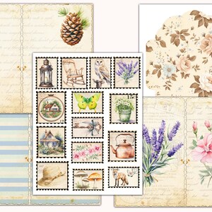 May include: A set of vintage-style stamps featuring images of a lantern, rocking chair, owl, lavender, a house, butterfly, key, teapot, hat, mushrooms, and a fox. The stamps are printed on white paper with black borders.