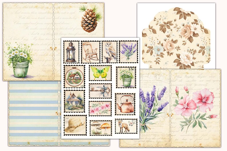 May include: A set of vintage-style stamps featuring images of a lantern, rocking chair, owl, lavender, a house, butterfly, key, teapot, hat, mushrooms, and a fox. The stamps are printed on white paper with black borders.
