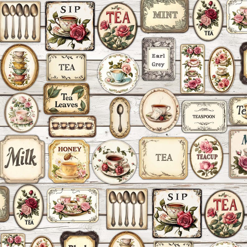 Vintage Tea Label Ephemera Kit: Printable Collage Scraps (digital ...
