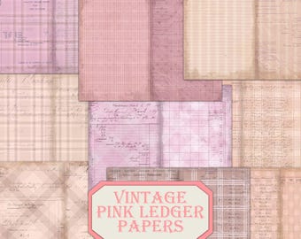 May include: A collage of vintage pink ledger papers with various textures and patterns. The papers include grid lines, handwritten script, and plaid designs in shades of pink, beige, and brown. The text "VINTAGE PINK LEDGER PAPERS" is displayed in a pink and white sign.