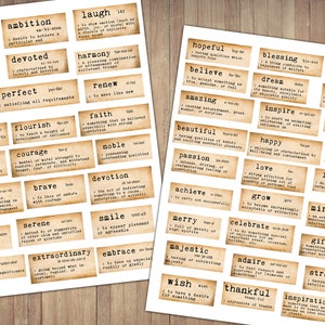Op de afbeelding: Een set van 36 vintage-stijl printbare labels met positieve woorden zoals "bloom", "imagine", "divine", "treasure", "gorgeous", "persevere", "awesome", "splendid", "ambition", "devoted", "harmony", "perfect", "flourish", "courage", "brave", "serene", "extraordinary", "laugh", "hopeful", "believe", "amazing", "beautiful", "passion", "achieve", "merry", "majestic", "wish", "blessing", "dream", "renew", "faith", "noble", "devotion", "smile", "happy", "love", "grow", "celebrate", "gift", "embrace", "admire", "thankful", "inspiration", "joy", "peace", "inspire", "motivate", "create", "lovely", "miracle", "strong".