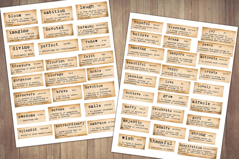 Op de afbeelding: Een set van 36 vintage-stijl printbare labels met positieve woorden zoals "bloom", "imagine", "divine", "treasure", "gorgeous", "persevere", "awesome", "splendid", "ambition", "devoted", "harmony", "perfect", "flourish", "courage", "brave", "serene", "extraordinary", "laugh", "hopeful", "believe", "amazing", "beautiful", "passion", "achieve", "merry", "majestic", "wish", "blessing", "dream", "renew", "faith", "noble", "devotion", "smile", "happy", "love", "grow", "celebrate", "gift", "embrace", "admire", "thankful", "inspiration", "joy", "peace", "inspire", "motivate", "create", "lovely", "miracle", "strong".
